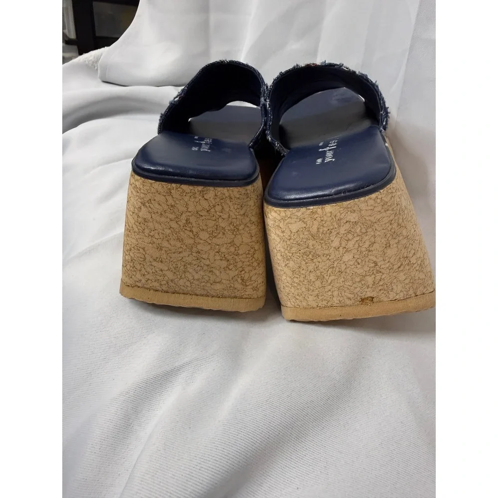 On‎ Your Feet Denim Embroidered Cork Platform Wedge Slide Sandals 7.5M